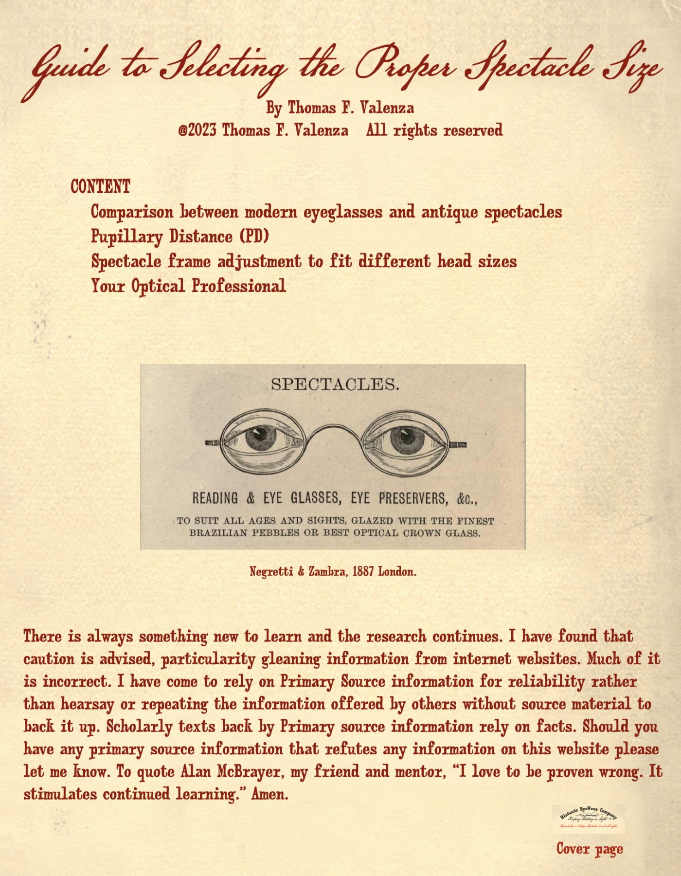 cover page for Guide to Selecting the Proper Spectacle Size