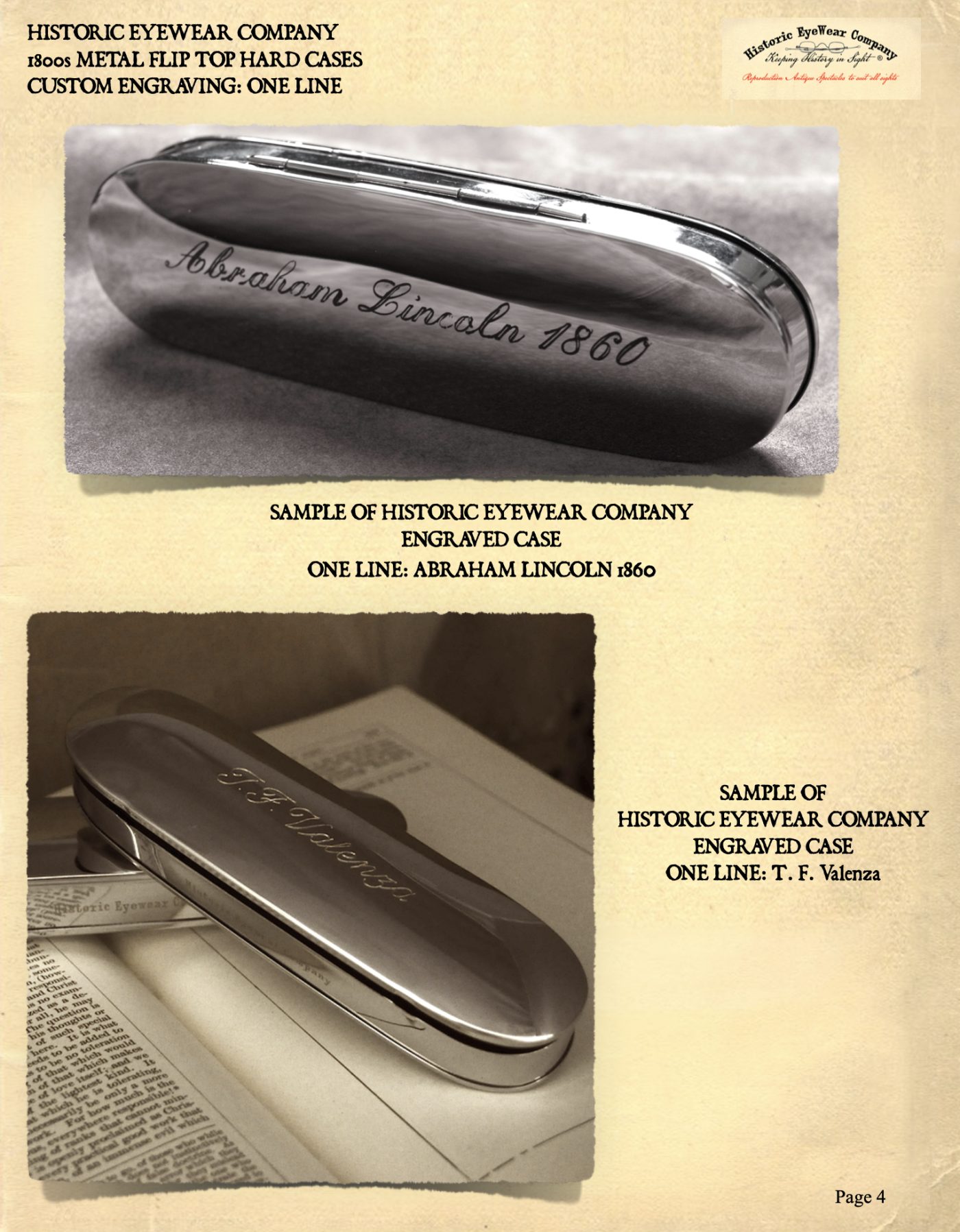 Examples of Historic EyeWear metal cases engraved one line