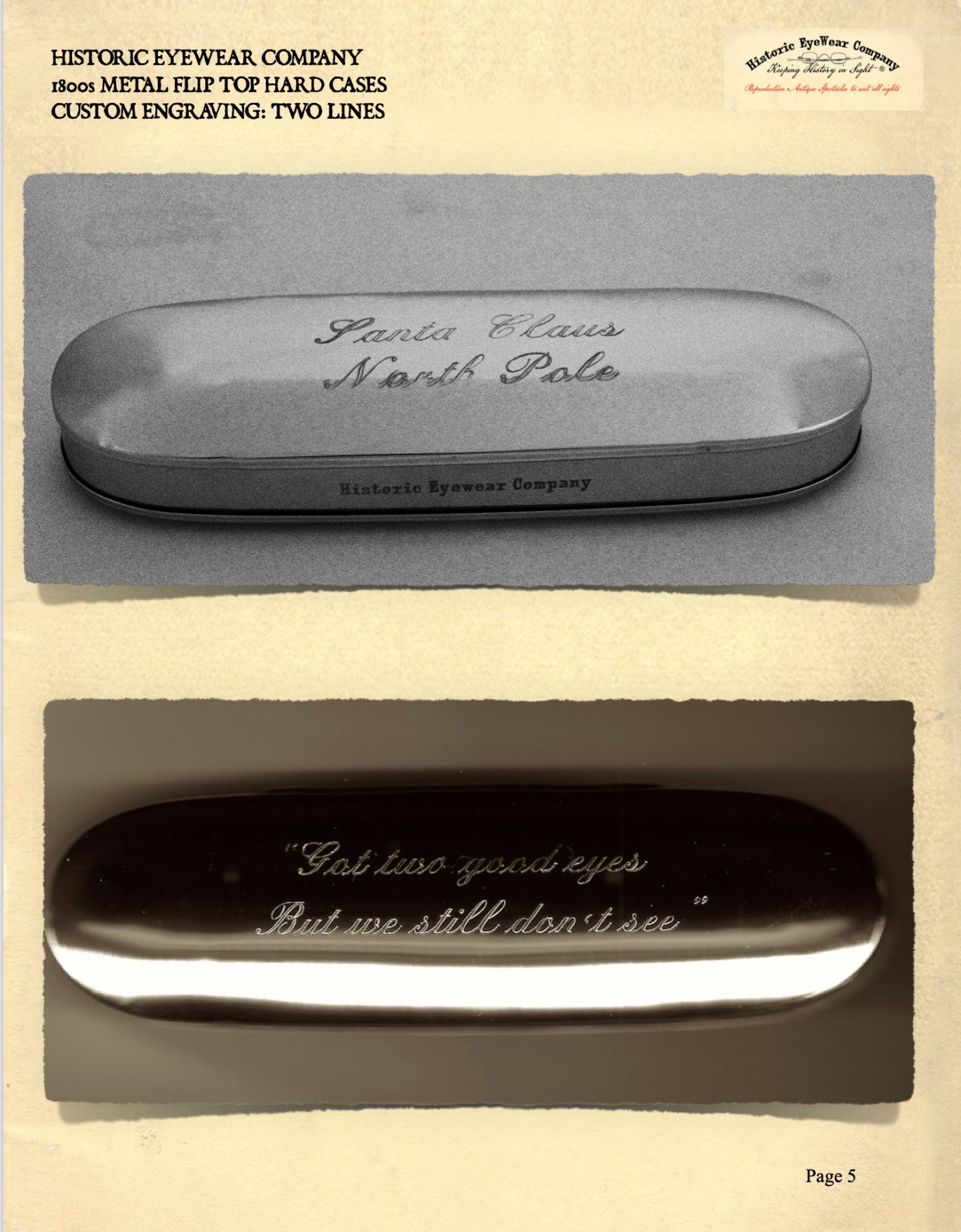 Examples of Historic EyeWear metal cases engraved two lines
