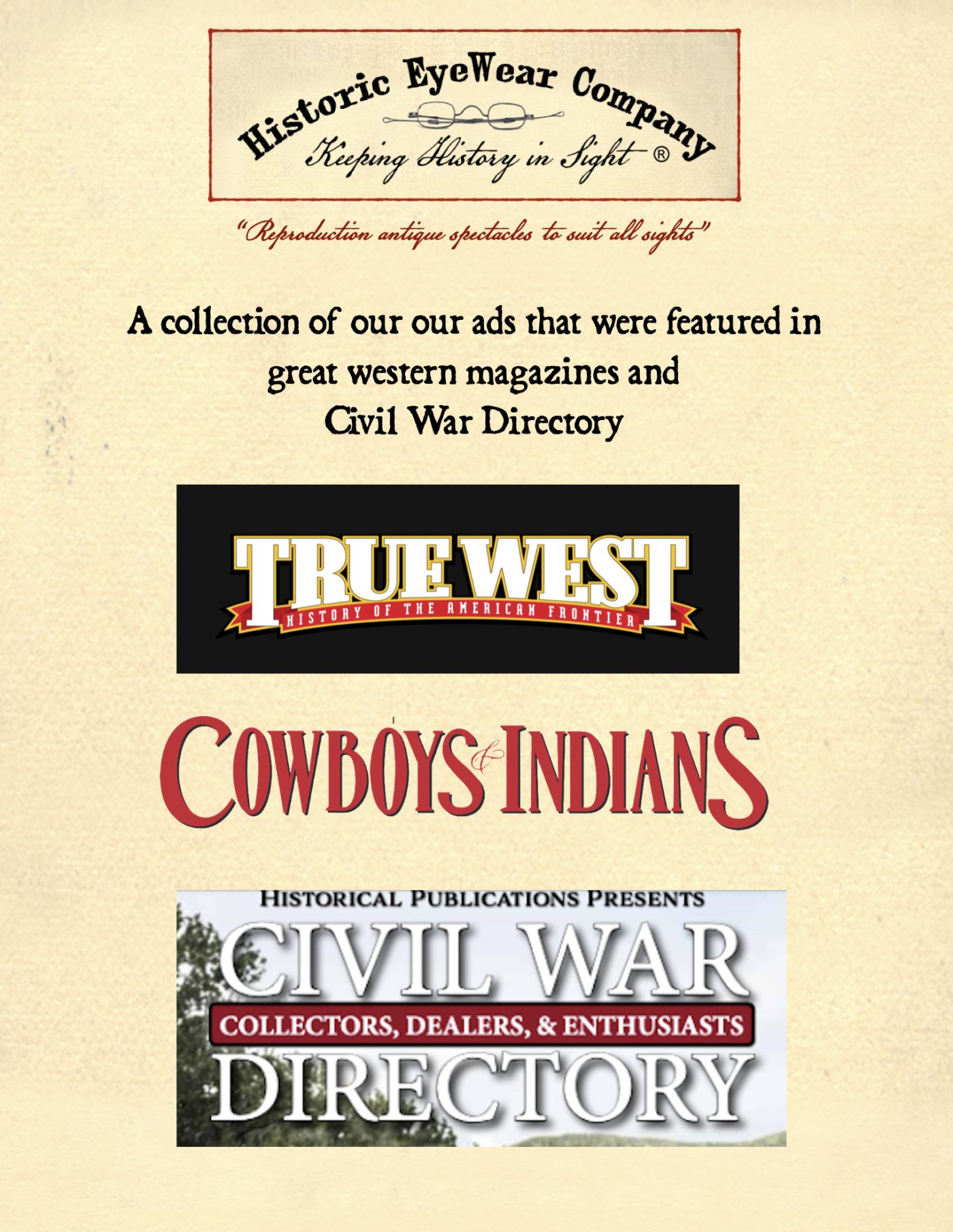Collection of our ads featured in great western magazines &amp; Civil War Directories